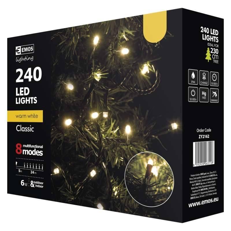 Vánoční osvětlení EMOS 240 LED řetěz, 24m, teplá bílá, programy