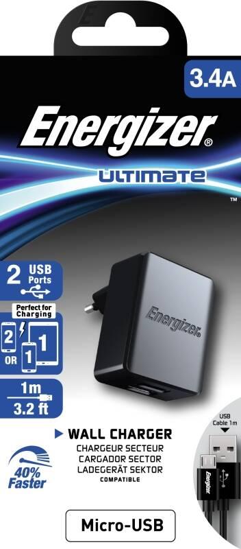 Nabíječka do sítě Energizer 2x USB 3,4A s Micro USB kabelem 1m černá