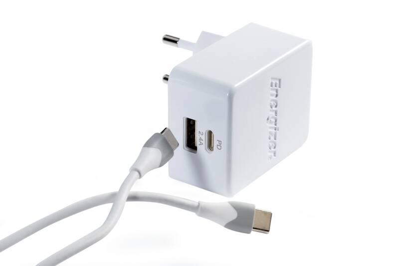 Nabíječka do sítě Energizer USB-C PD 30W, USB QC 3.0 s USB-C kabelem 1m bílá
