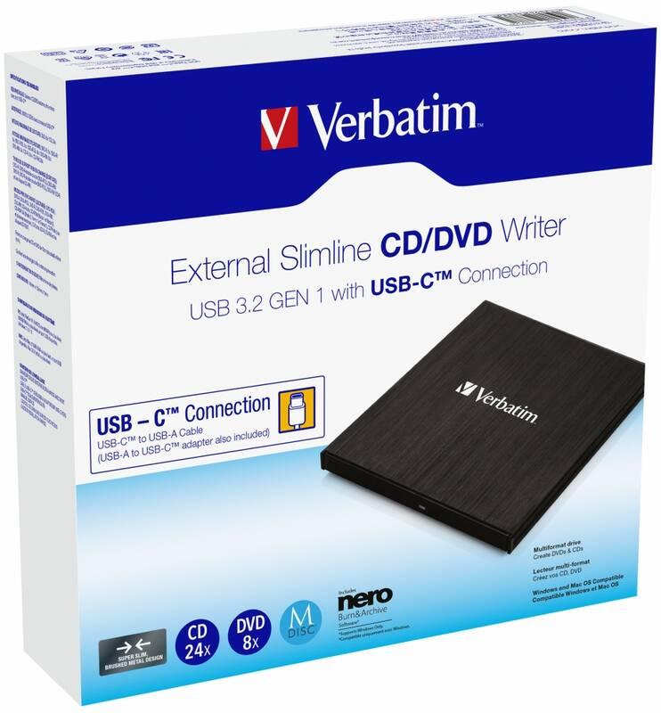 Externí DVD vypalovačka Verbatim CD DVD Slimline USB-C Nero černá