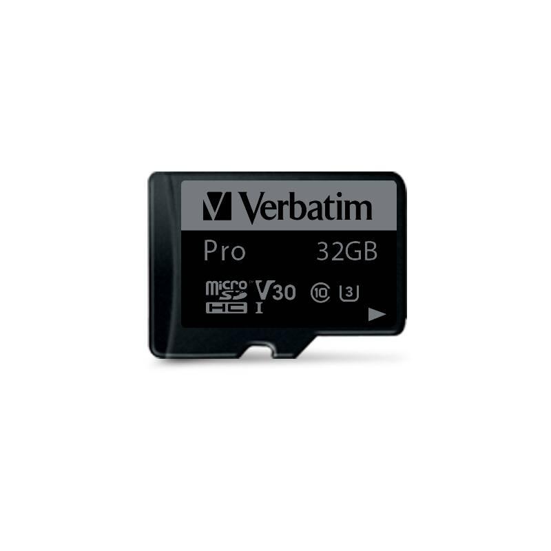 Paměťová karta Verbatim Pro microSDHC 32GB UHS-I V30 U3 adaptér, Paměťová, karta, Verbatim, Pro, microSDHC, 32GB, UHS-I, V30, U3, adaptér