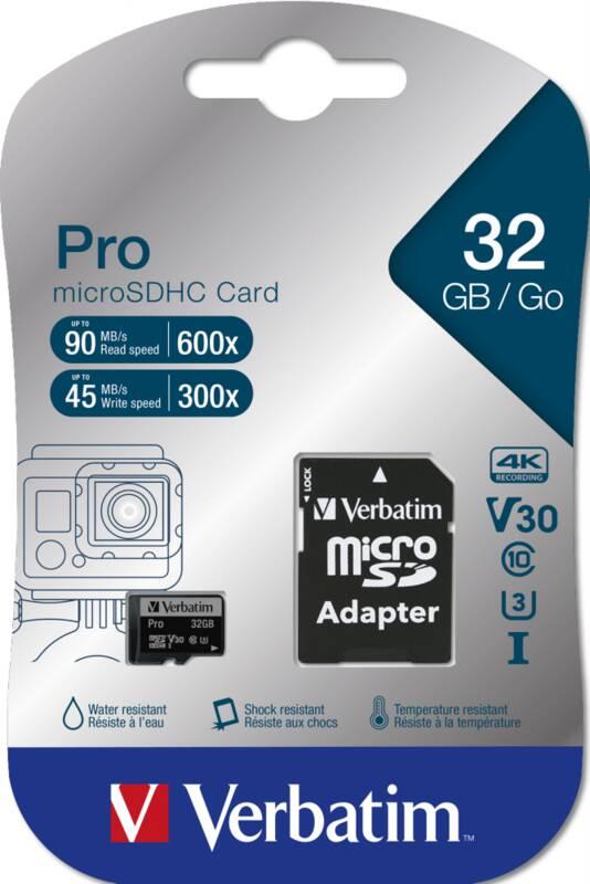 Paměťová karta Verbatim Pro microSDHC 32GB UHS-I V30 U3 adaptér, Paměťová, karta, Verbatim, Pro, microSDHC, 32GB, UHS-I, V30, U3, adaptér
