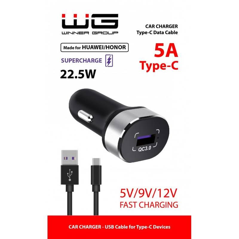 Adaptér do auta WG 1xUSB, QC 3.0, 22,5W USB-C kabel černý