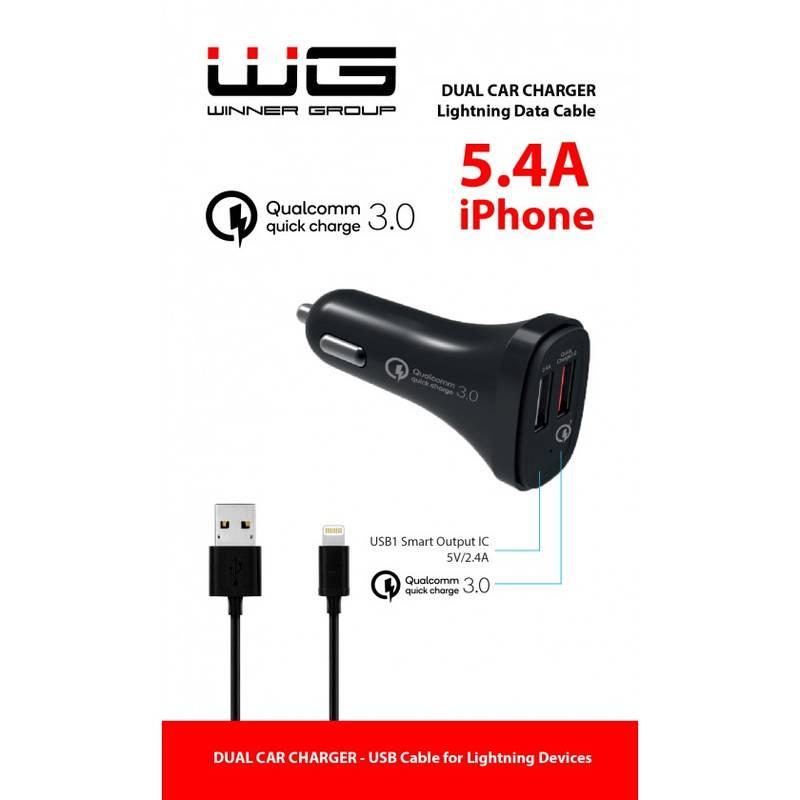 Adaptér do auta WG 2xUSB, QC 3.0, 5,4A, 18W Lightning kabel černý