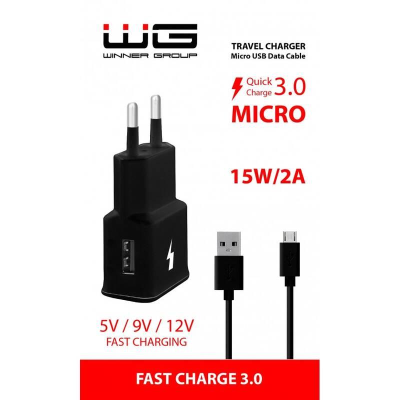 Nabíječka do sítě WG 1xUSB, QC 3.0 Micro USB kabel černá