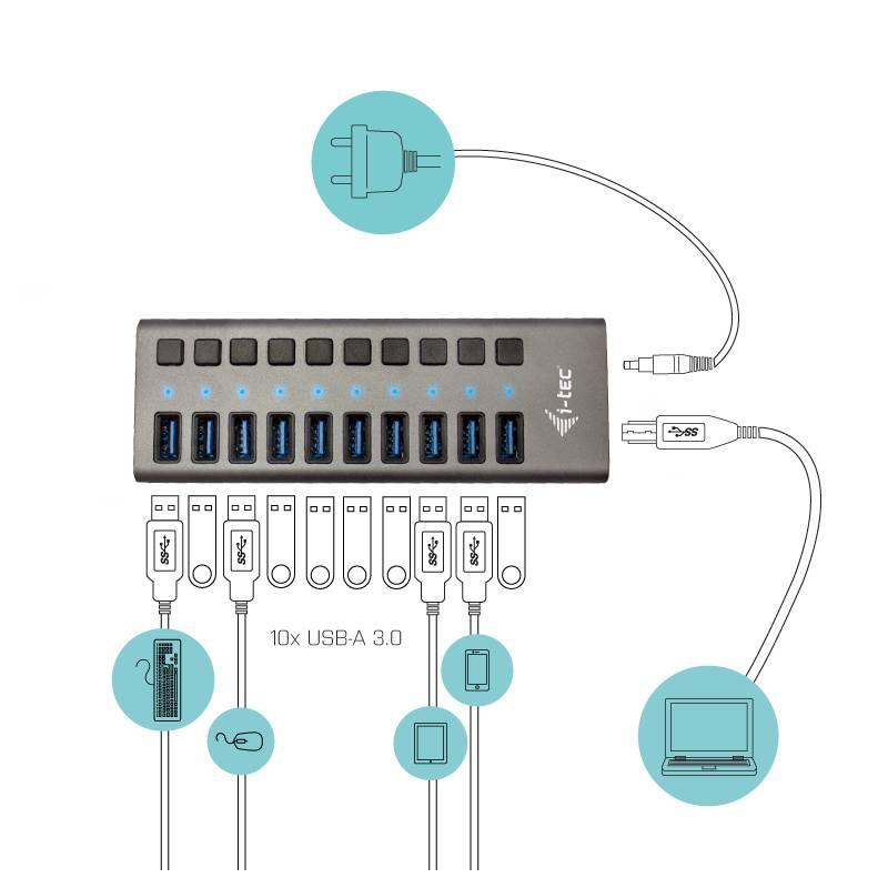 USB Hub i-tec 10x USB 3.0, 48W stříbrný