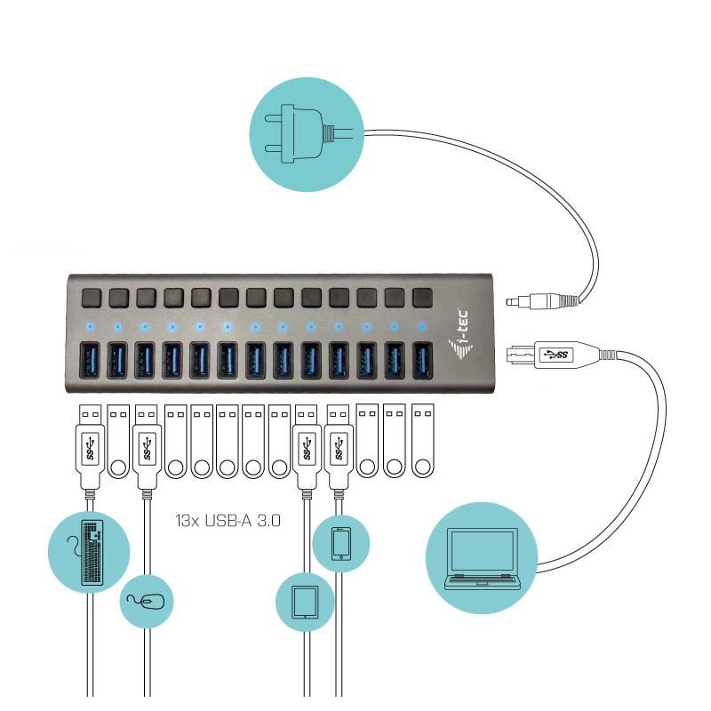 USB Hub i-tec 13x USB 3.0, 60W stříbrný