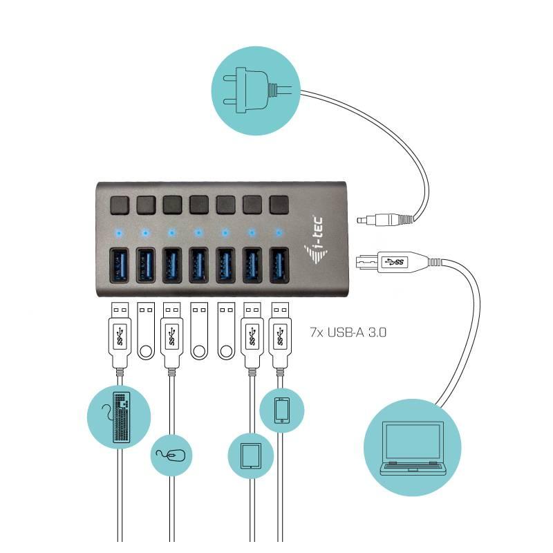 USB Hub i-tec 7x USB 3.0, 36W stříbrný