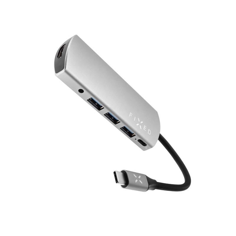 USB Hub FIXED USB-C 3x USB 3.0, 1x HDMI, 1x Audio 3,5 mm, 1x USB-C PD stříbrný