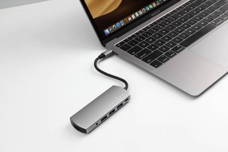 USB Hub FIXED USB-C 3x USB 3.0, 1x HDMI, 1x Audio 3,5 mm, 1x USB-C PD stříbrný