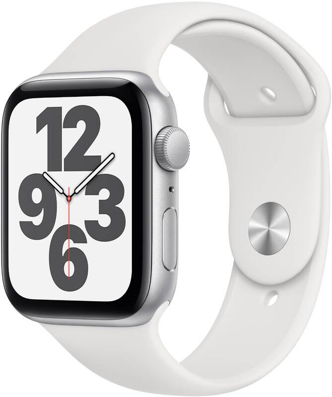 Chytré hodinky Apple Watch SE GPS 44mm pouzdro ze stříbrného hliníku - bílý sportovní náramek