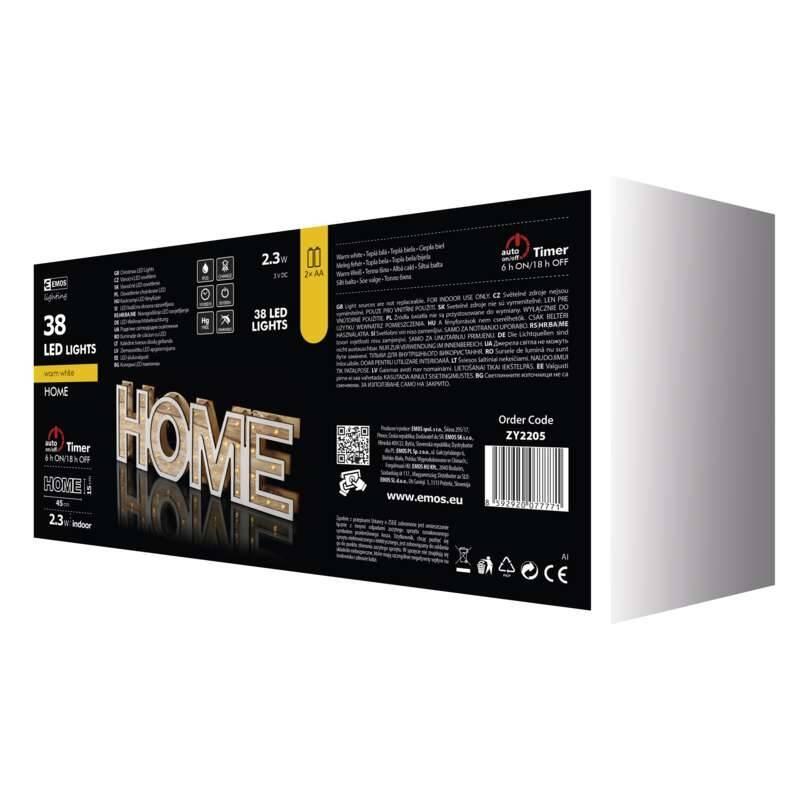LED dekorace EMOS nápis HOME dřevěný, 45cm, 2x AA, vnitřní, teplá bílá