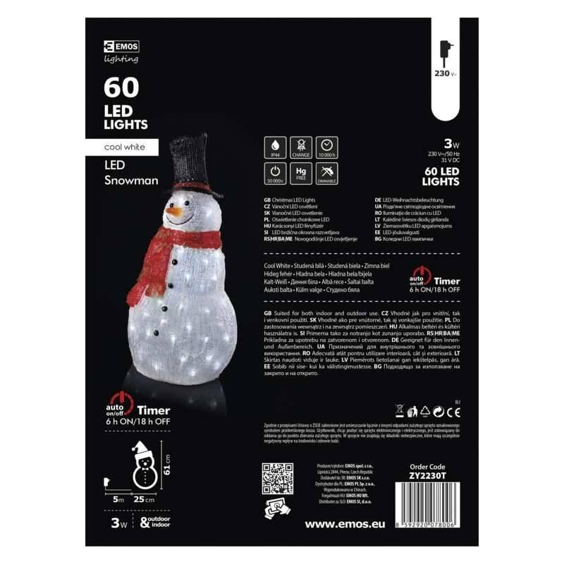 LED dekorace EMOS vánoční sněhulák, 61cm, venkovní, studená bílá, časovač