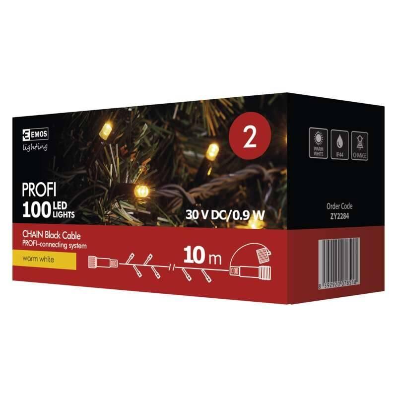 Spojovací řetěz EMOS 100 LED, Profi LED spojovací řetěz černý, 10m, teplá bílá