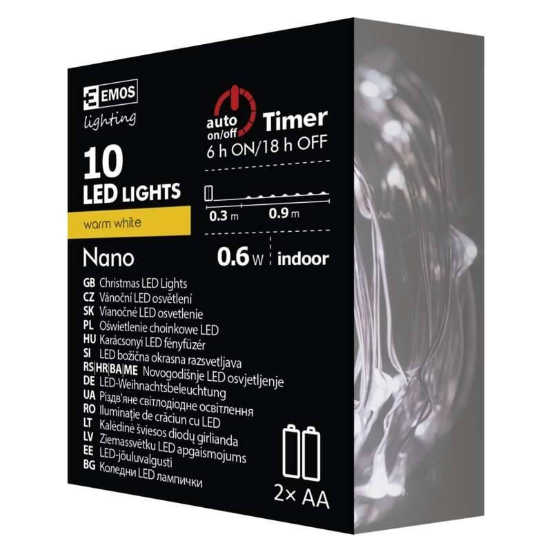 Vánoční osvětlení EMOS 10 LED, nano řetěz měděný,0,9m, 2x AA, teplá bílá, časovač