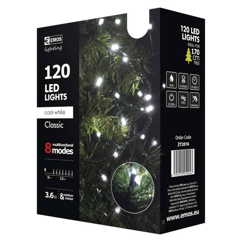 Vánoční osvětlení EMOS 120 LED, řetěz, 12m, studená bílá, programy