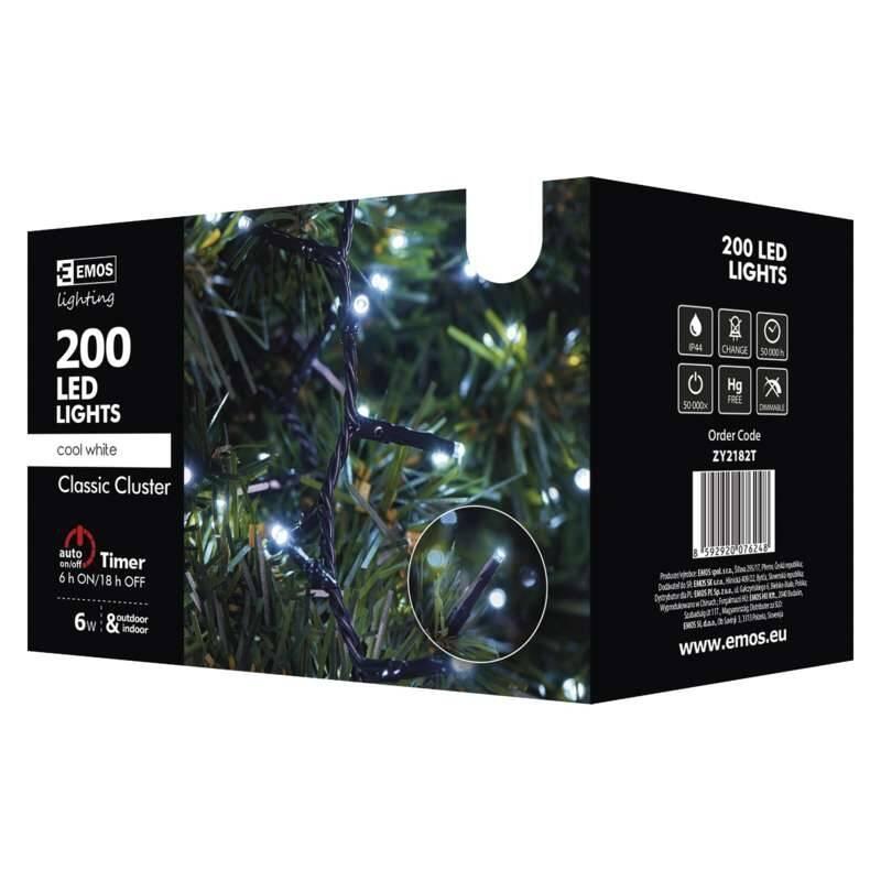Vánoční osvětlení EMOS 200 LED, řetěz – ježek, venkovní, 4m, studená bílá, časovač