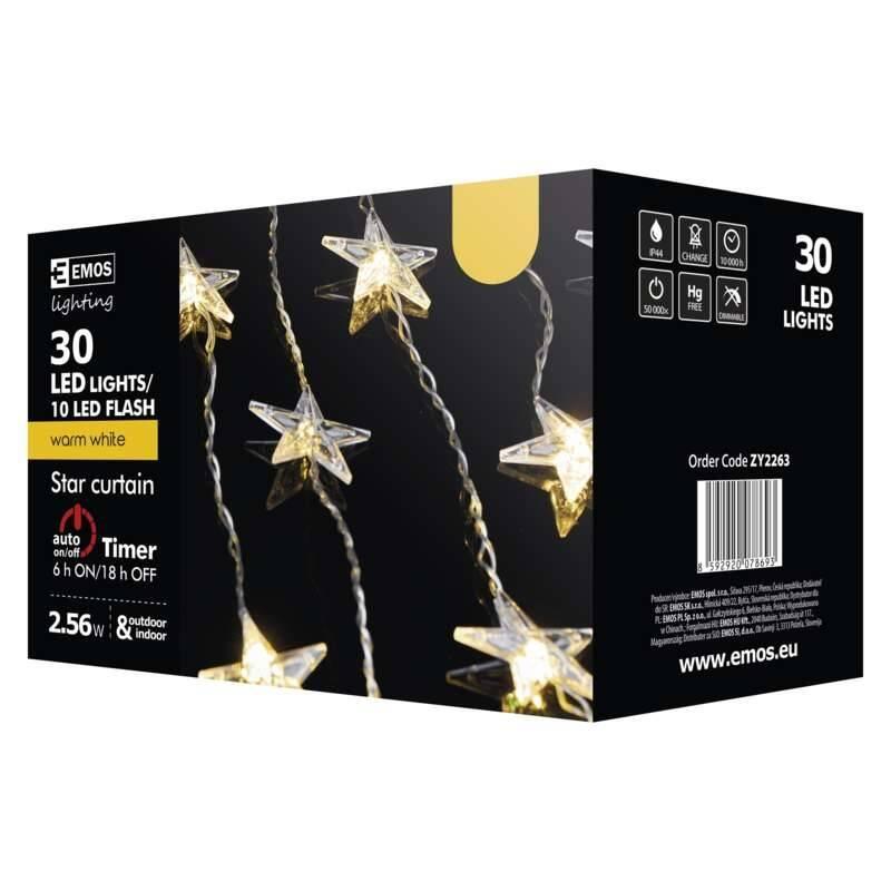 Vánoční osvětlení EMOS 30 LED, závěs – hvězdy, 120×90cm, vnitřní, teplá bílá, časovač