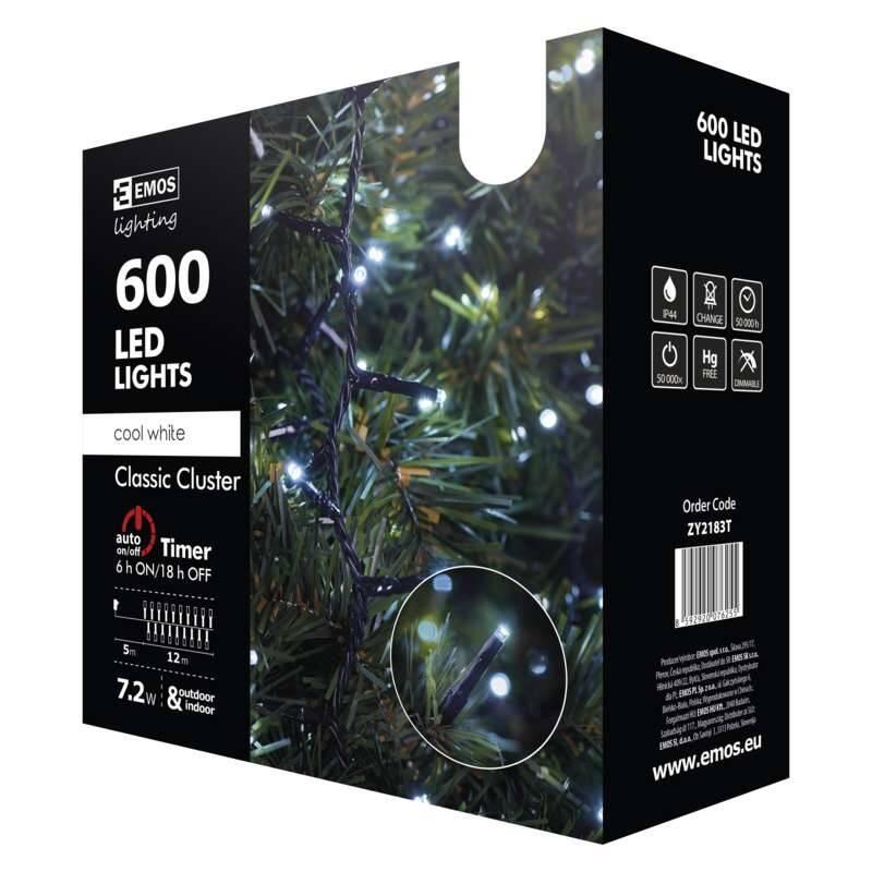 Vánoční osvětlení EMOS 600 LED, řetěz – ježek, venkovní, 12m, studená bílá, časovač
