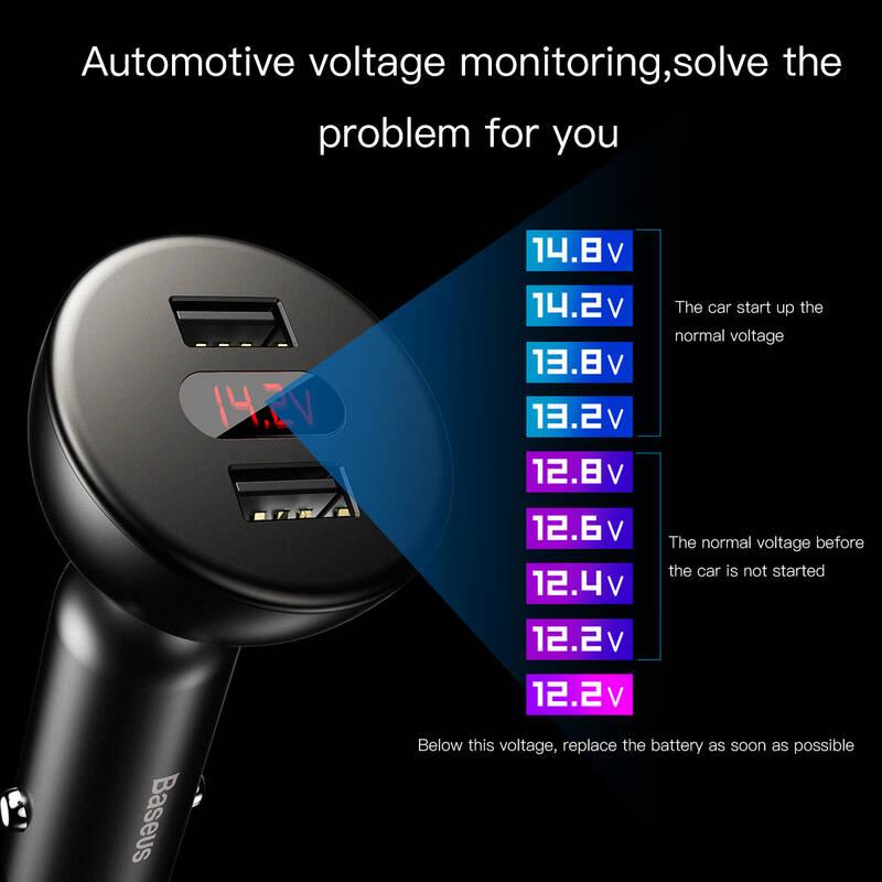 Adaptér do auta Baseus 360° Dual Digital display, 2x USB černý