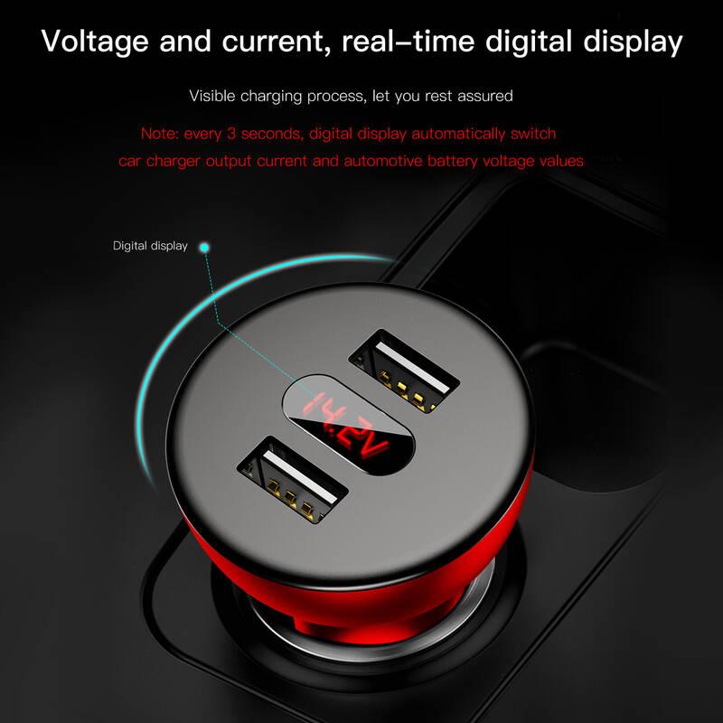 Adaptér do auta Baseus 360° Dual Digital display, 2x USB černý