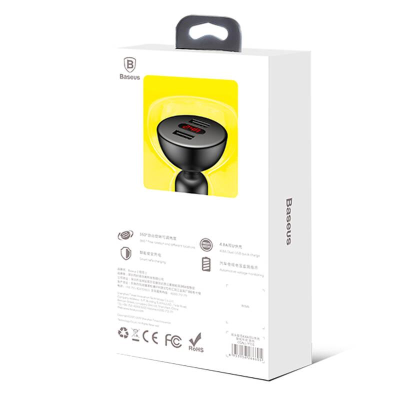 Adaptér do auta Baseus 360° Dual Digital display, 2x USB černý