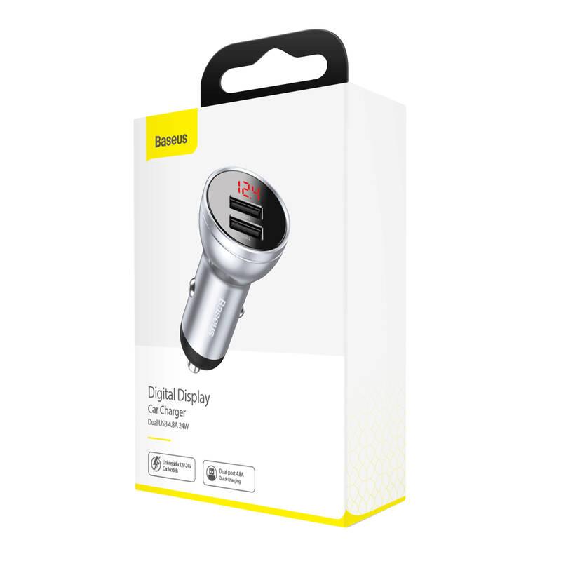 Adaptér do auta Baseus Digital Display Dual 2x USB, 4.8A, 24W stříbrný