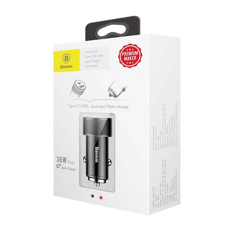 Adaptér do auta Baseus Small Screw Type-C PD USB Quick Charge 36W černý