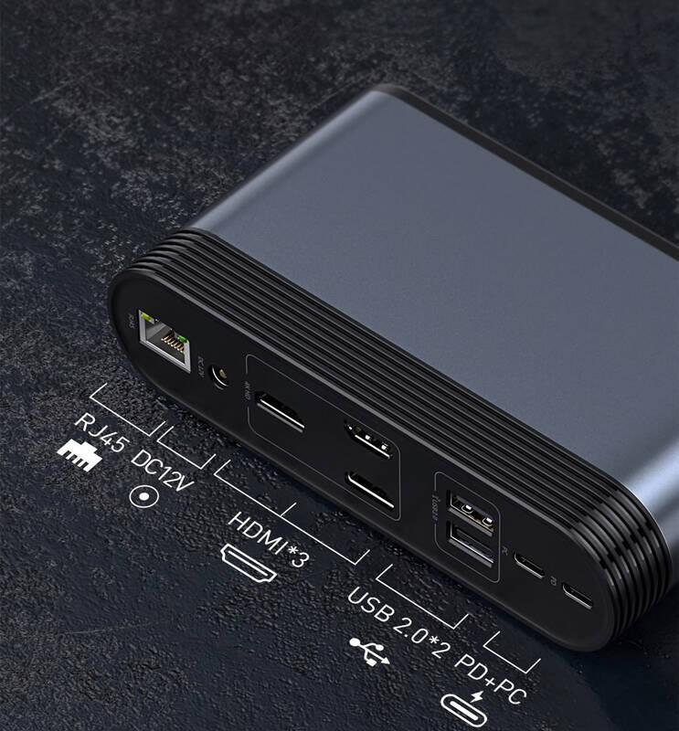 Dokovací stanice Baseus USB-C 3,5mm jack, 4x USB-C PD, 5x USB, 3x HDMI, RJ45, SD, TF šedá