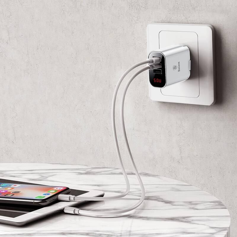 Nabíječka do sítě Baseus Mirror Lake Digital Display 3xUSB 3.4A bílá