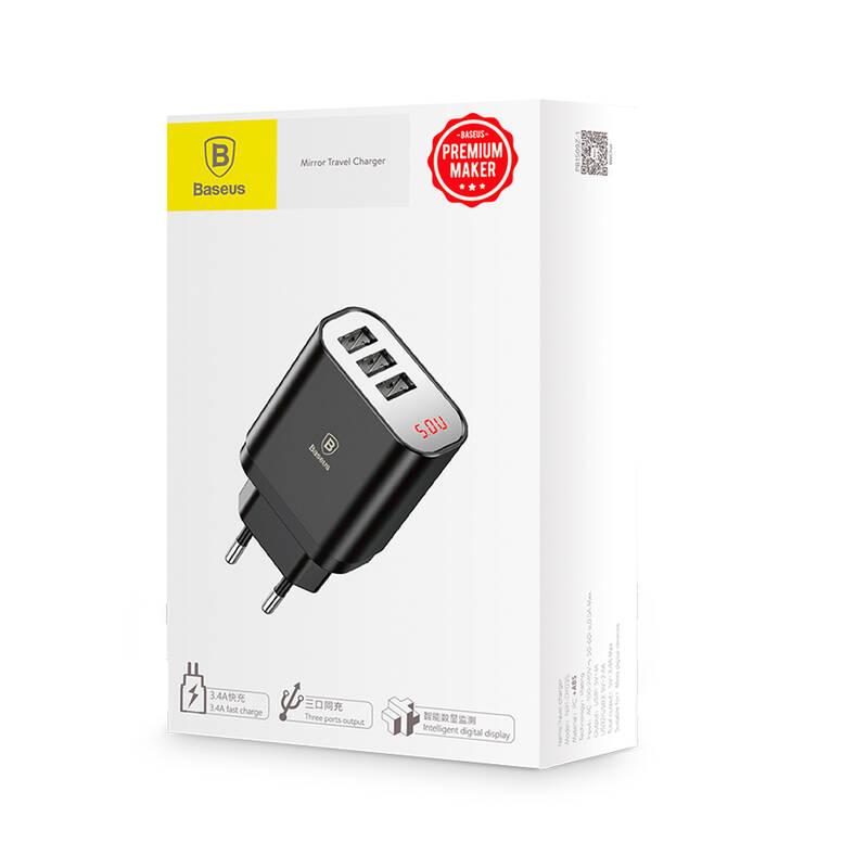 Nabíječka do sítě Baseus Mirror Lake Digital Display 3xUSB 3.4A černá