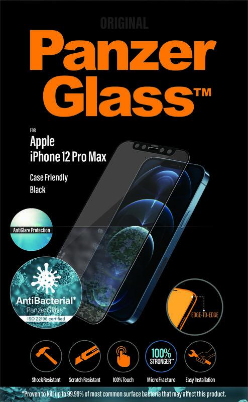 Tvrzené sklo PanzerGlass Edge-to-Edge Antibacterial s Anti-Glare vrstvou na Apple iPhone 12 Pro Max černé