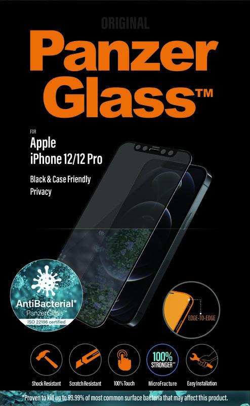 Tvrzené sklo PanzerGlass Edge-to-Edge Privacy Antibacterial na Apple iPhone 12 12 Pro černé