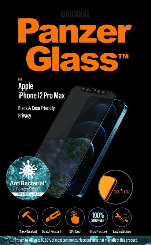 Tvrzené sklo PanzerGlass Edge-to-Edge Privacy Antibacterial na Apple iPhone 12 Pro Max černé