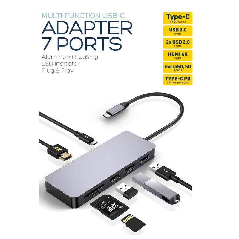 Dokovací stanice PLATINET USB-C USB-C PD, HDMI, SD, Micro SD, 2x USB 2.0, USB 3.0 šedá