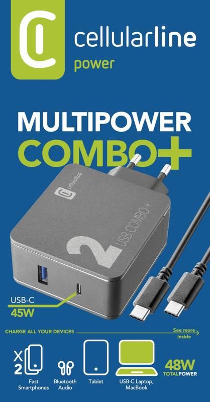 Nabíječka do sítě CellularLine Multipower 2 Combo Plus,1x USB 3.0, 1x USB-C, PD 48W 1,6 m USB-C kabel černá