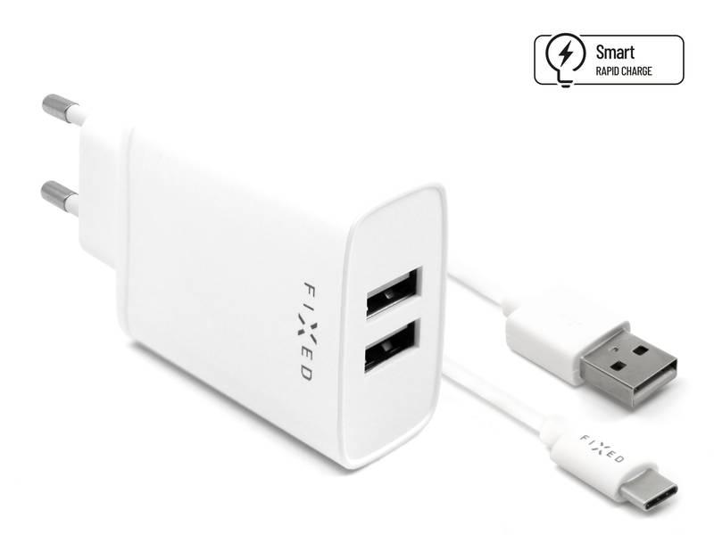 Nabíječka do sítě FIXED 2xUSB, 15W Smart Rapid Charge USB-C kabel 1m bílá
