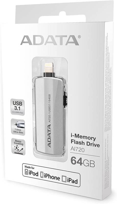 USB Flash ADATA i-Memory AI720 Flash 64GB USB 3.1 Lightning šedý, USB, Flash, ADATA, i-Memory, AI720, Flash, 64GB, USB, 3.1, Lightning, šedý