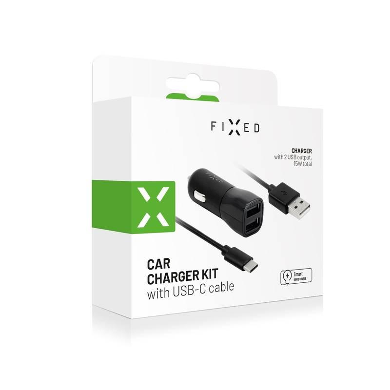 Adaptér do auta FIXED 2xUSB, 15W Smart Rapid Charge USB-C kabel 1m černý