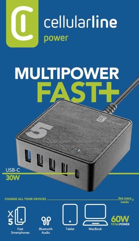 Nabíječka do sítě CellularLine Multipower 5 Fast , 4xUSB, 1xUSB-C, 60W černá