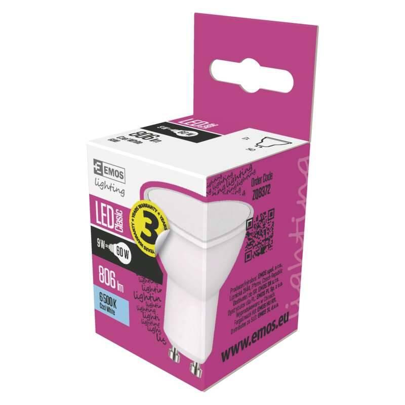 Žárovka LED EMOS bodová, 9W, GU10, studená bílá