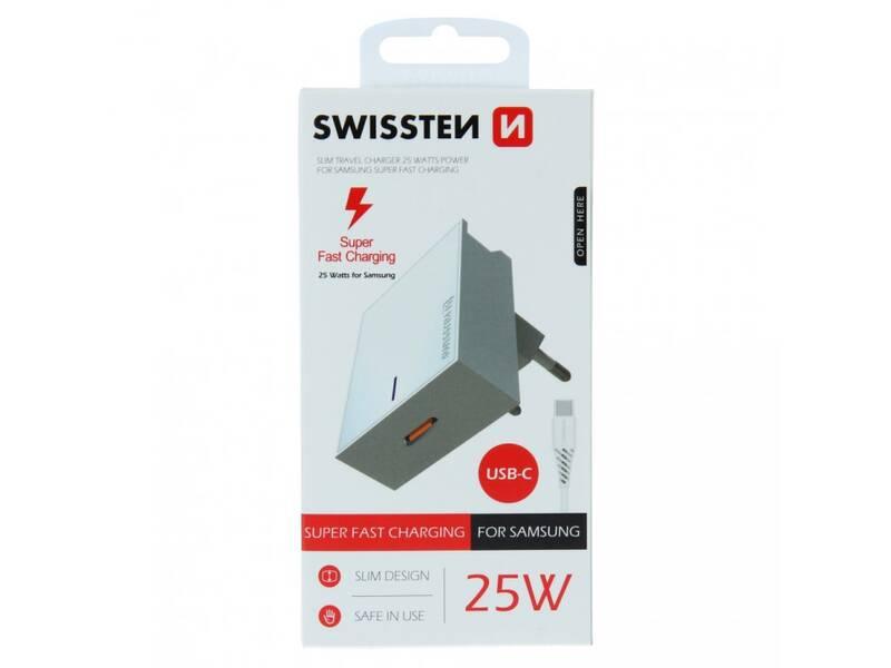 Nabíječka do sítě Swissten USB-C, 25W, Super Fast Charging USB-C kabel 1,2m bílá