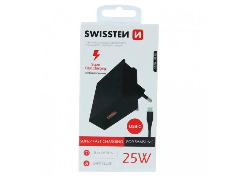 Nabíječka do sítě Swissten USB-C, 25W, Super Fast Charging USB-C kabel 1,2m černá