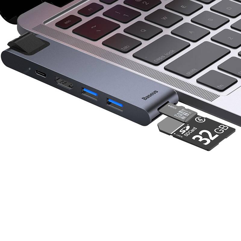 USB Hub Baseus USB-C 2x USB 3.0, USB-C PD, HDMI, RJ45, SD, Micro SD, pro MacBook Pro šedý