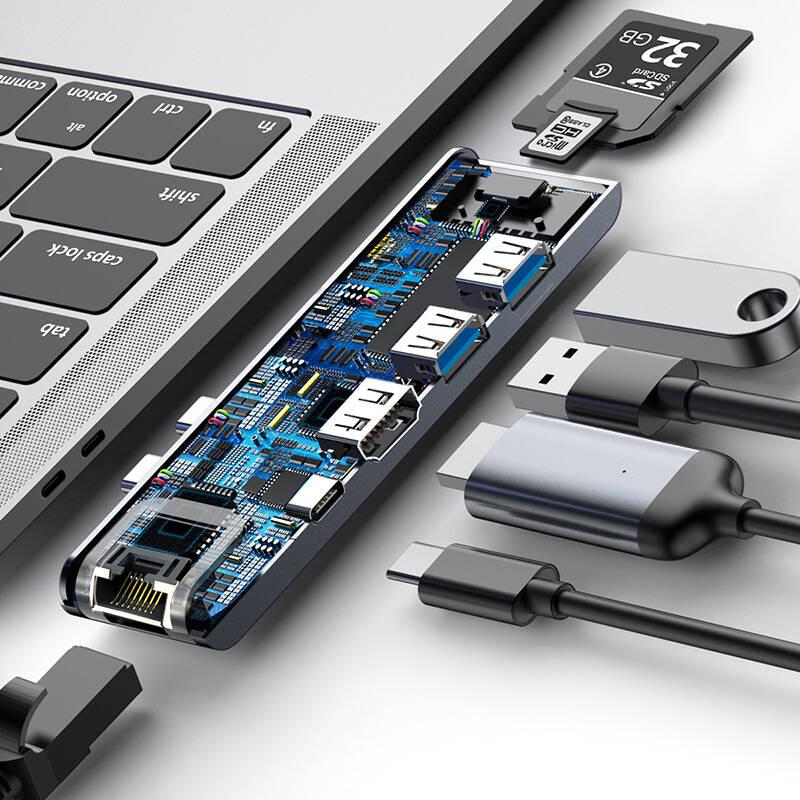 USB Hub Baseus USB-C 2x USB 3.0, USB-C PD, HDMI, RJ45, SD, Micro SD, pro MacBook Pro šedý