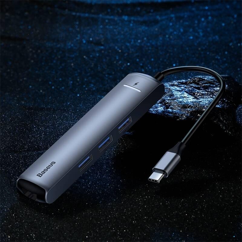 USB Hub Baseus USB-C 3x USB 3.0, HDMI, RJ45, USB-C PD šedý