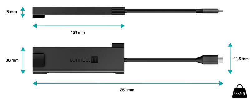 USB Hub Connect IT USB-C RJ45, HDMI, 2x USB 3.2, USB-C PD 100W šedý, USB, Hub, Connect, IT, USB-C, RJ45, HDMI, 2x, USB, 3.2, USB-C, PD, 100W, šedý