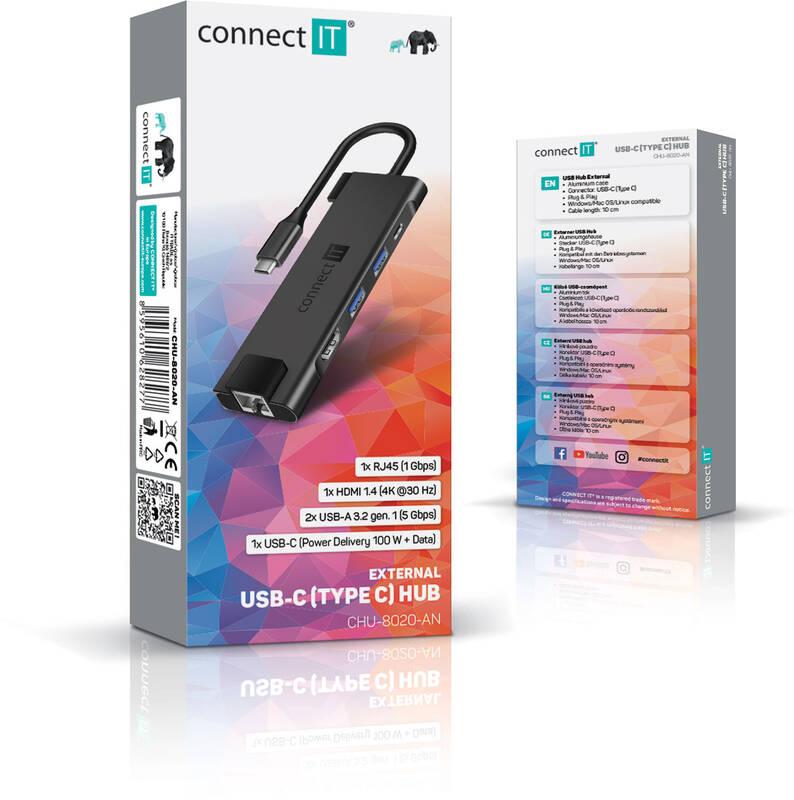 USB Hub Connect IT USB-C RJ45, HDMI, 2x USB 3.2, USB-C PD 100W šedý