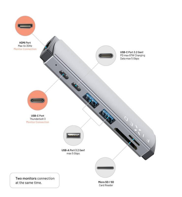 USB Hub FIXED USB-C HDMI, 2x USB 3.2, USB-C, USB-C PD 87W, SD, Micro SD pro MacBooky šedý