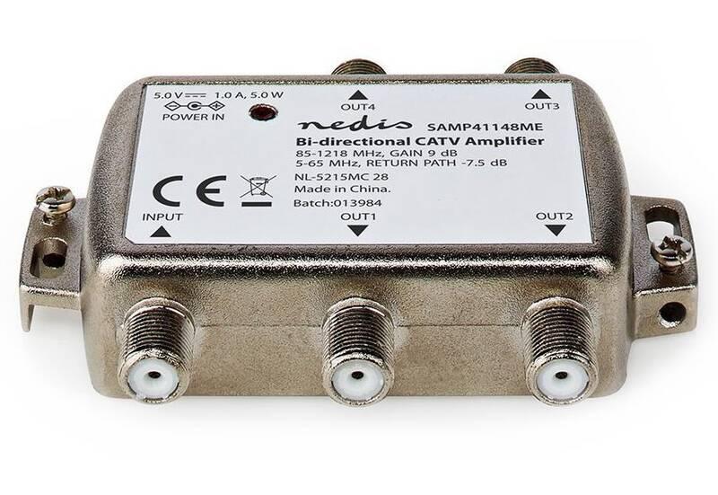 Zesilovač Nedis CATV, Max. zesílení 12 dB, 85-1218 MHz, 4 výstupy, zpětný kanál - 7,5 dB, 5-65 MHz, konektor F